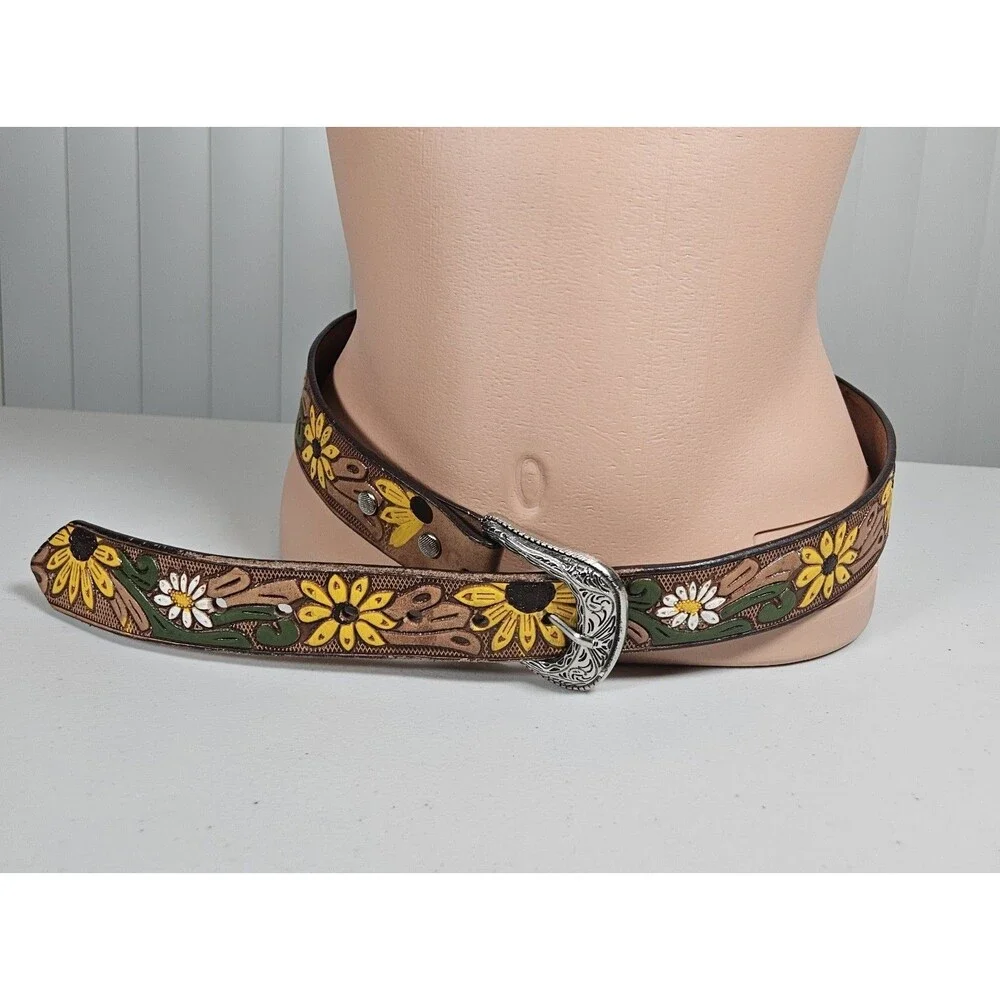 Hand Painted Sunflower Tooled Leather Belt Western Cowgirl Boho Made In Mexico